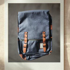 Vintage Style Laptop Backpack with USB Charging Port - Dark Gray With Brown Trim